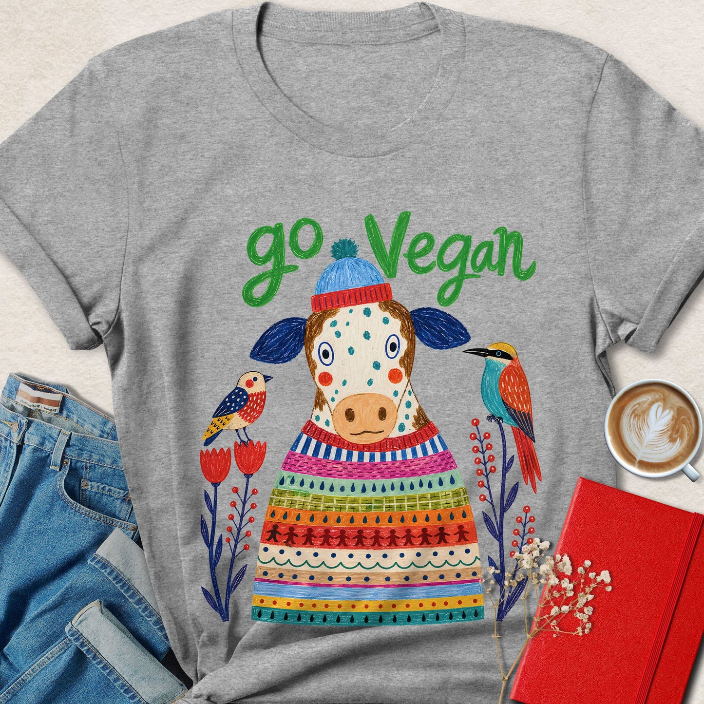 Go Vegan Folk Art Cow T-Shirt