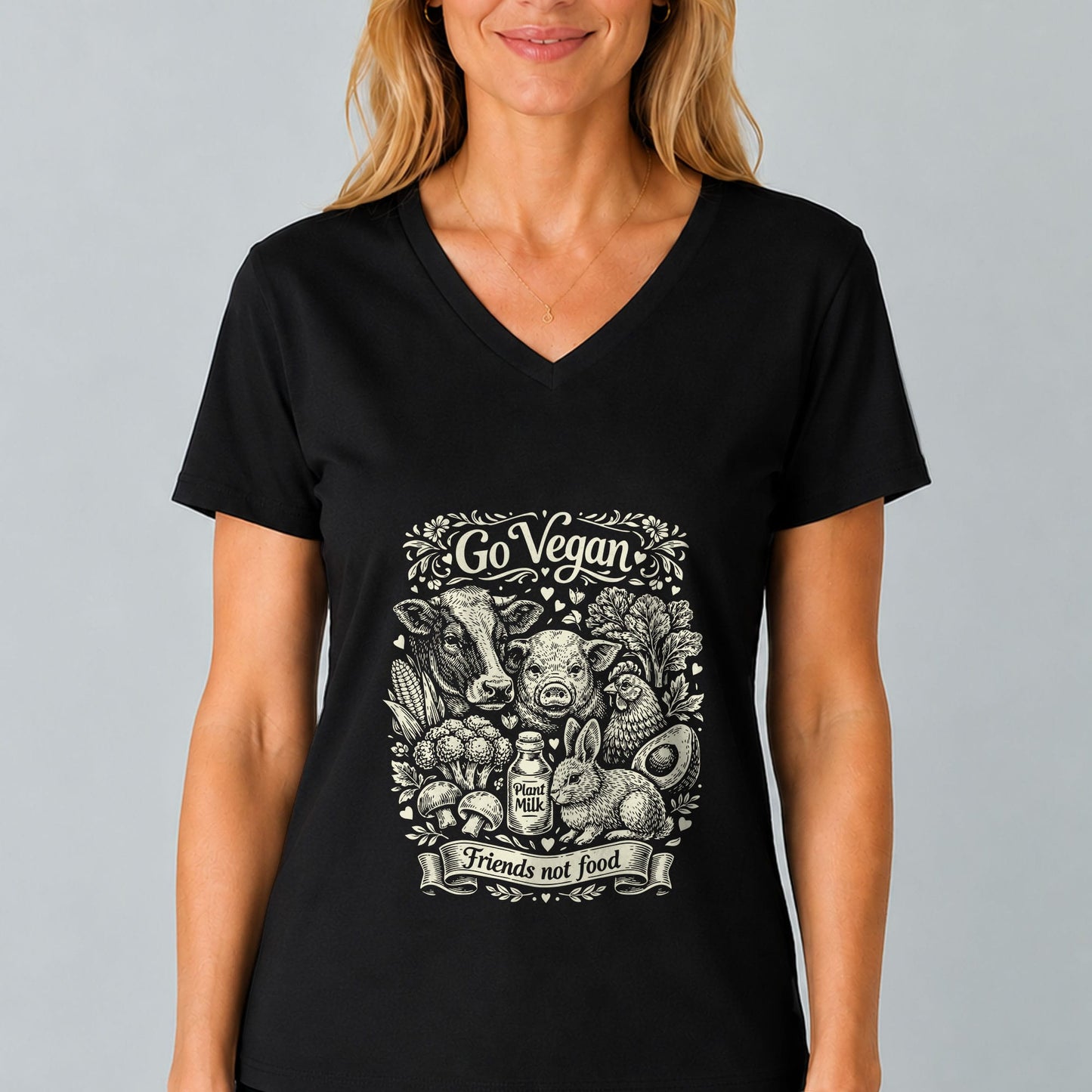 Go Vegan Friends Not Food V-Neck