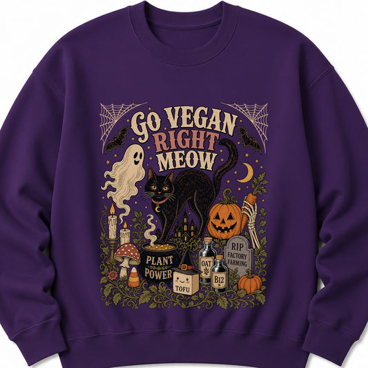 Purple Halloween sweatshirt with cat-and-spider web graphic and “Go Vegan Right Meow” text