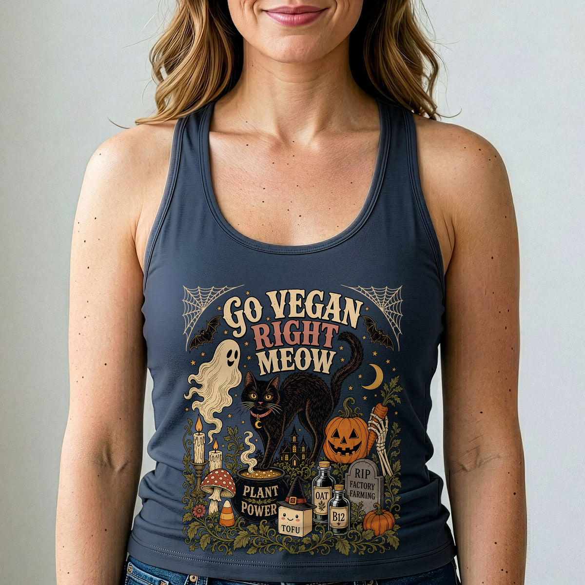 Go Vegan Right Meow Halloween Tank Top