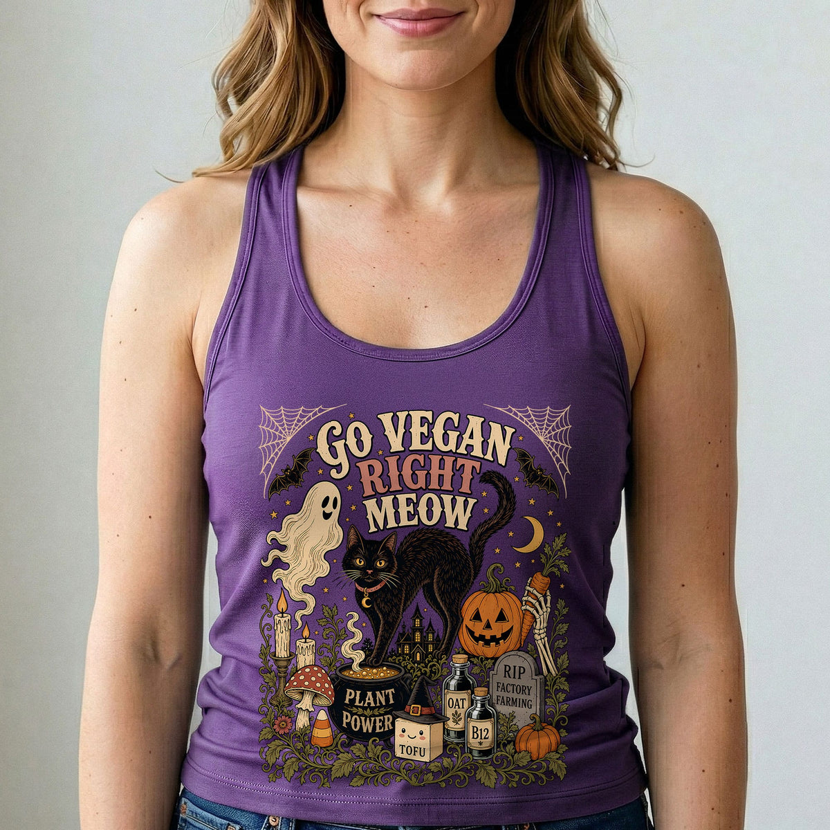 Go Vegan Right Meow Halloween Tank Top