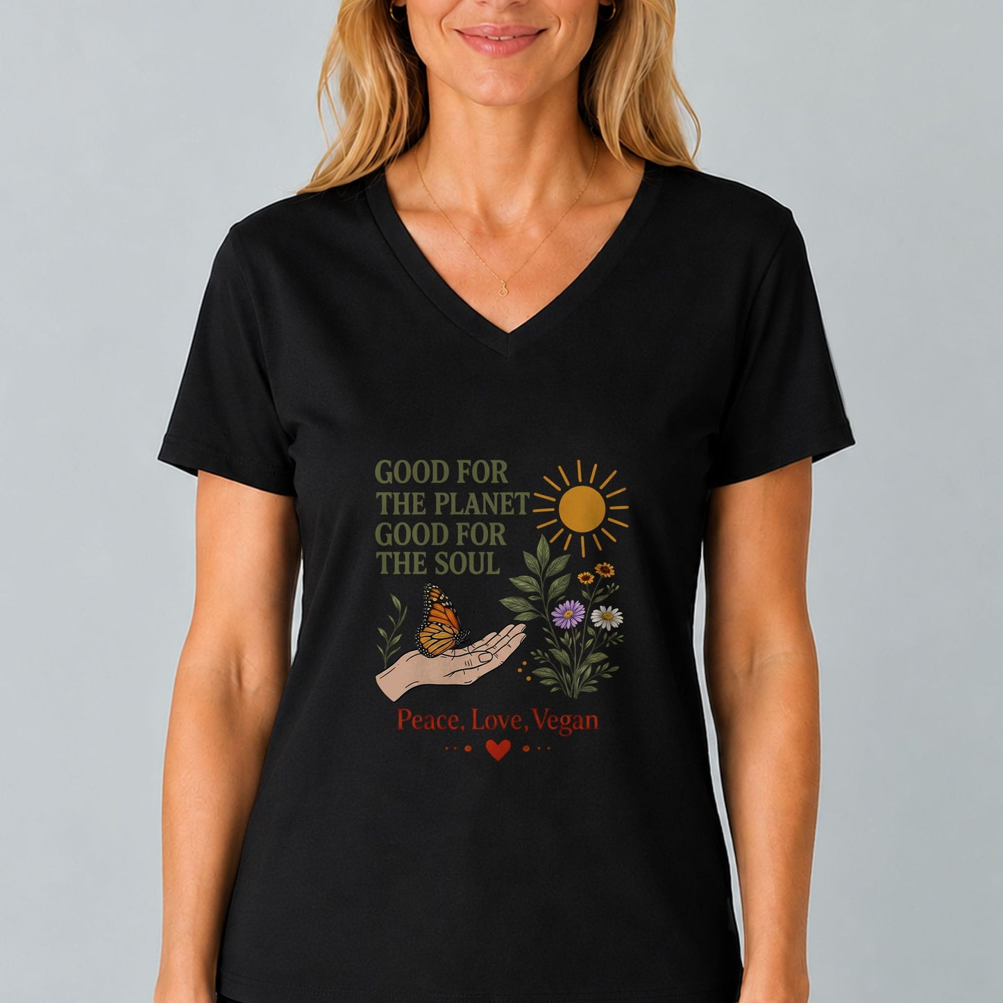 Good For The Planet Peace Love Vegan V Neck Shirt