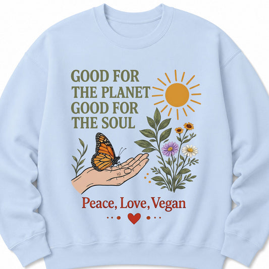 Light blue crewneck sweatshirt with Peace, Love, Vegan botanical and butterfly graphic