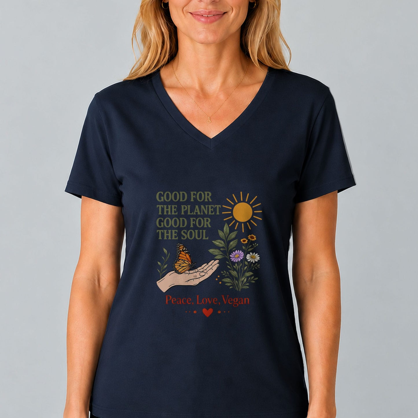 Good For The Planet Peace Love Vegan V Neck Shirt