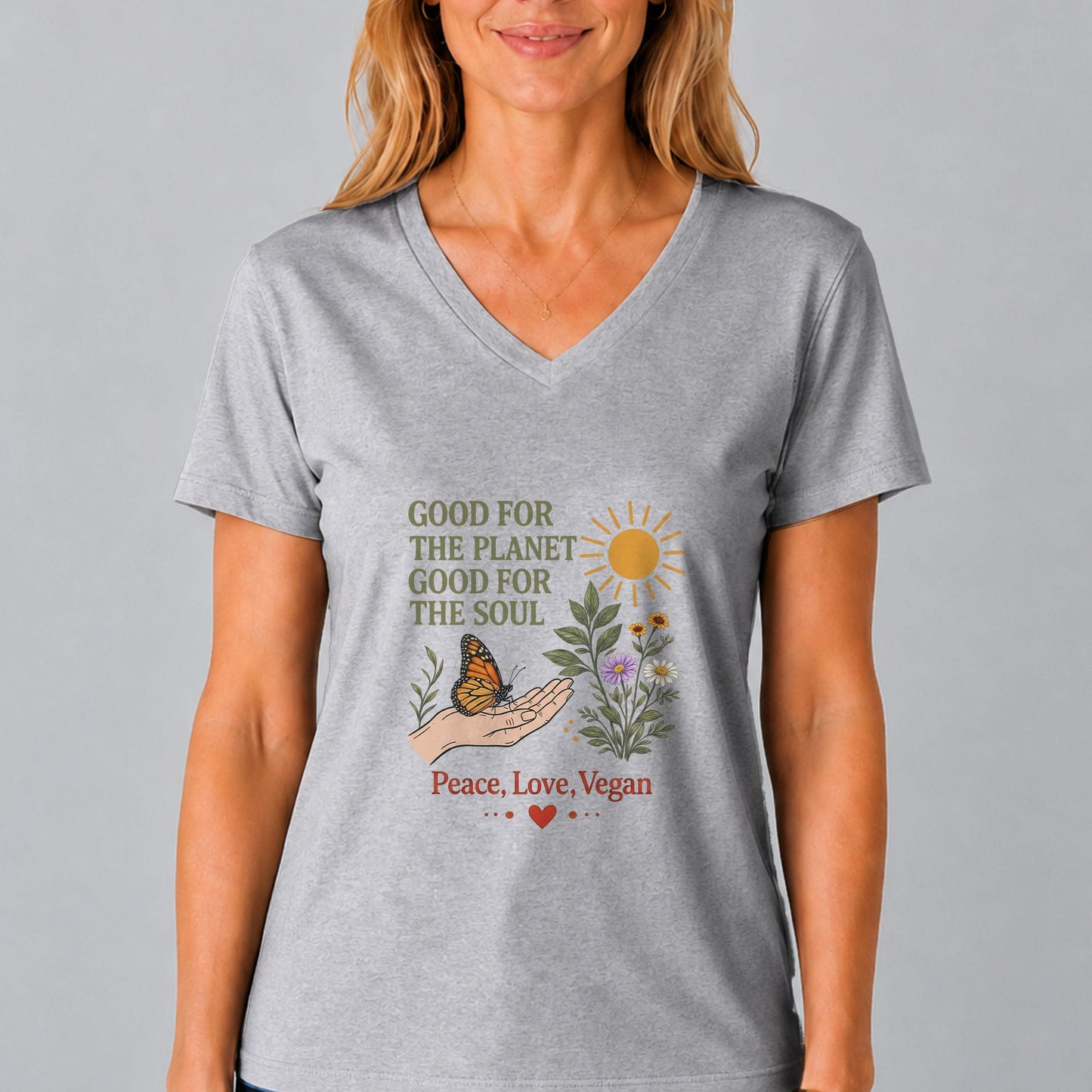 Good For The Planet Peace Love Vegan V Neck Shirt
