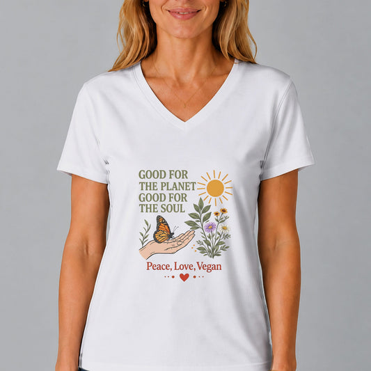 Good For The Planet Peace Love Vegan V Neck Shirt