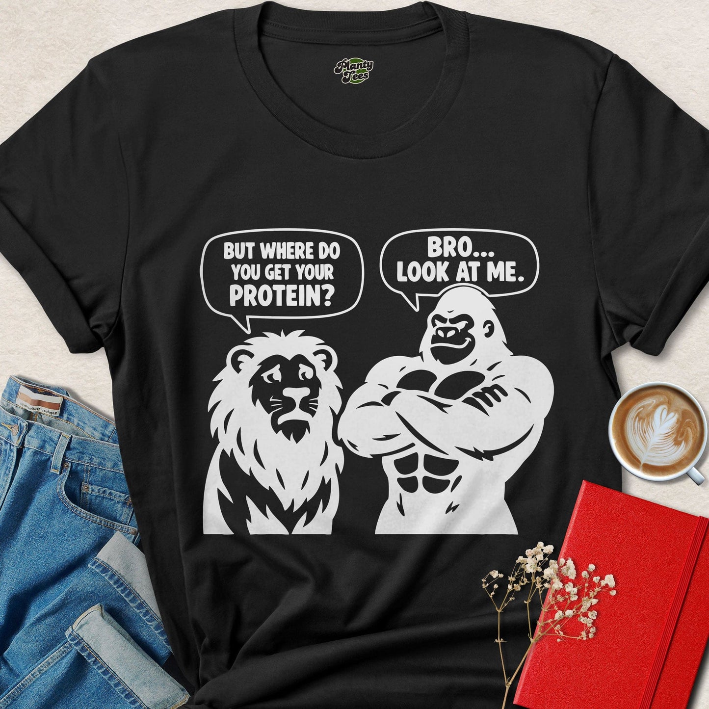 Where Do You Get Protein Gorilla vs Lion Funny Vegan Shirt
