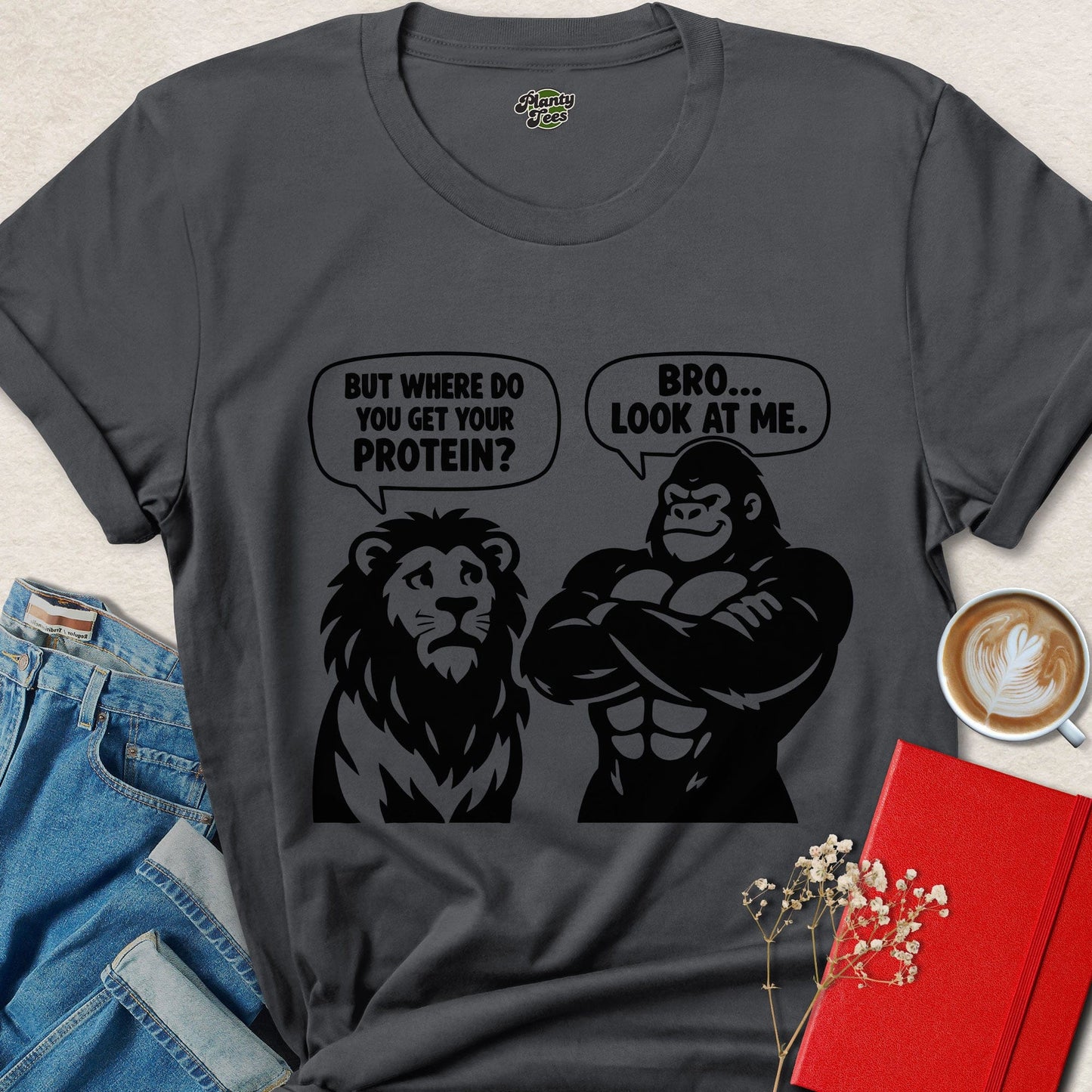 Where Do You Get Protein Gorilla vs Lion Funny Vegan Shirt