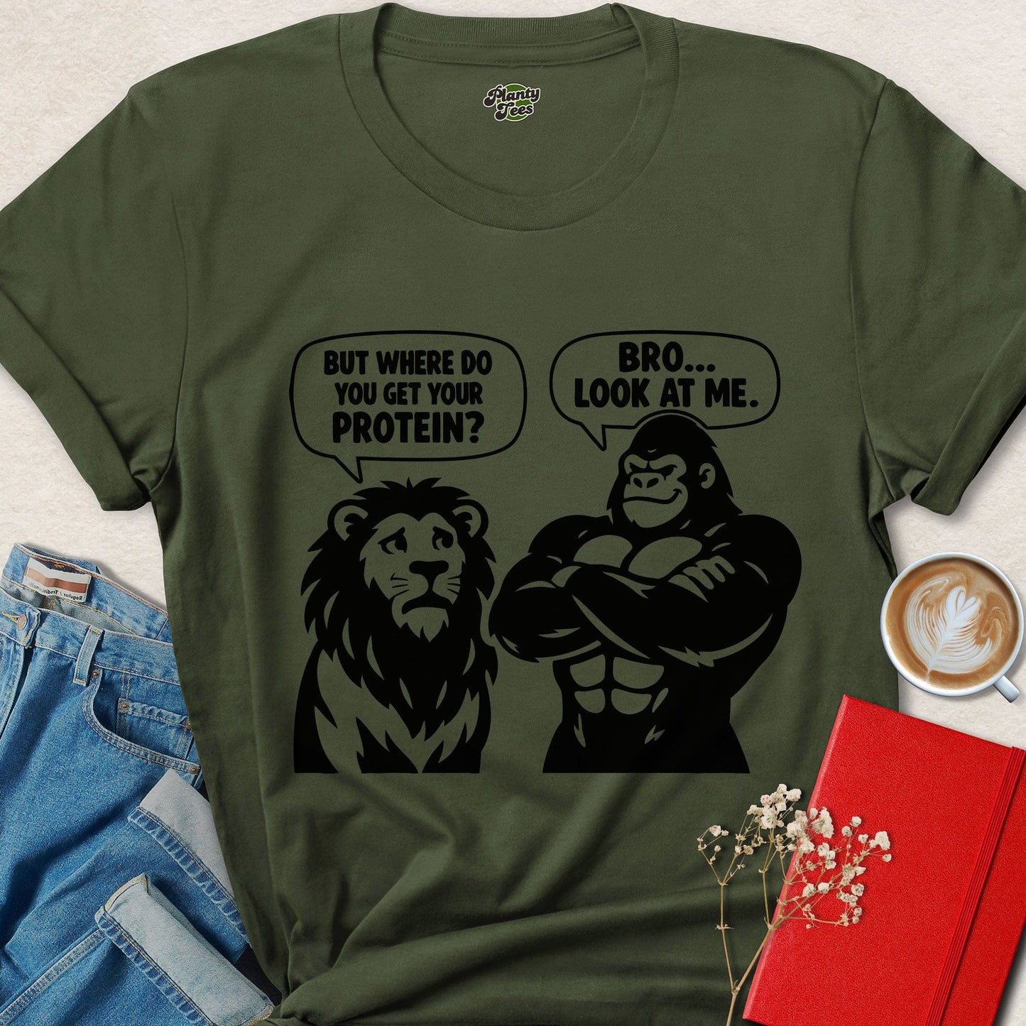 Where Do You Get Protein Gorilla vs Lion Funny Vegan Shirt