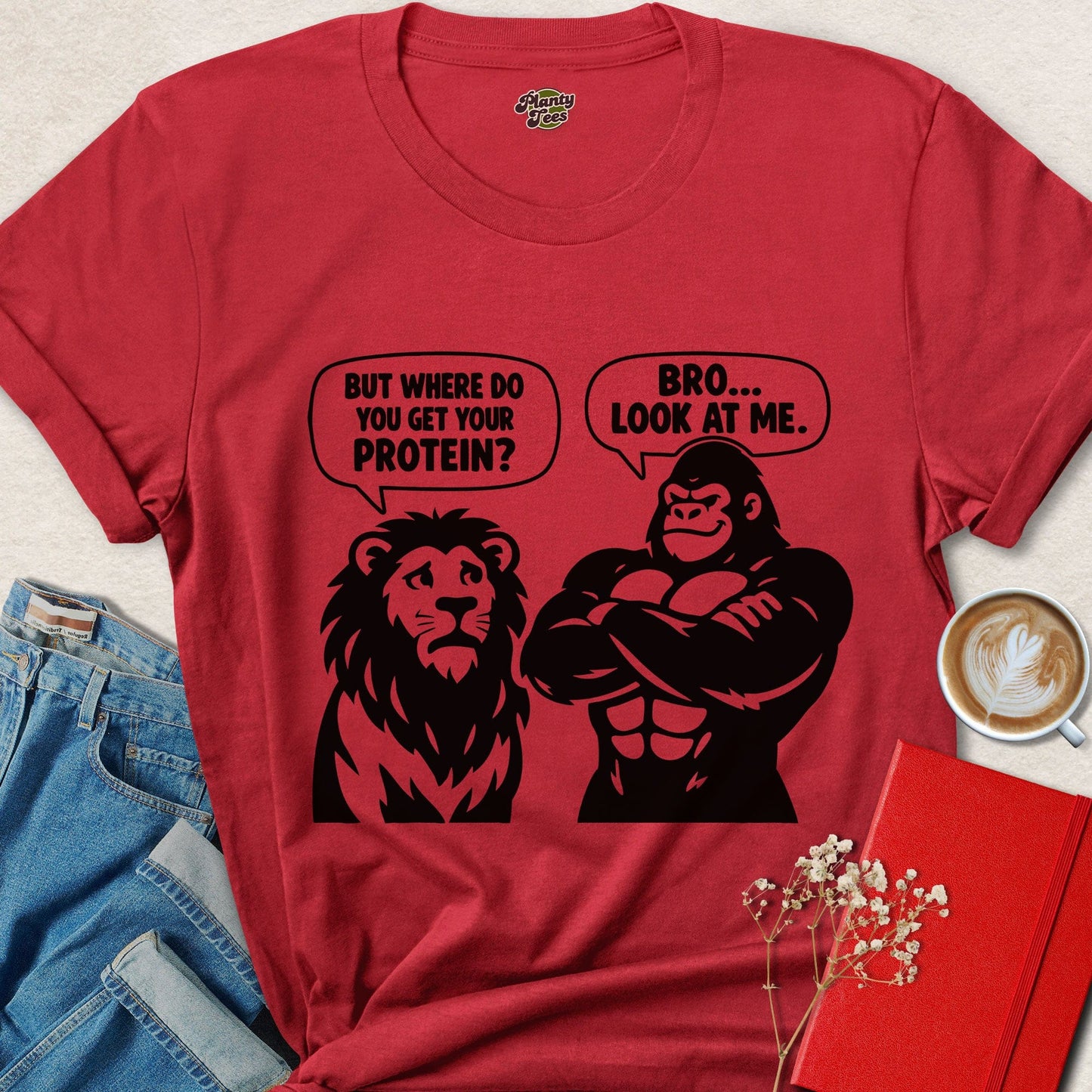 Where Do You Get Protein Gorilla vs Lion Funny Vegan Shirt