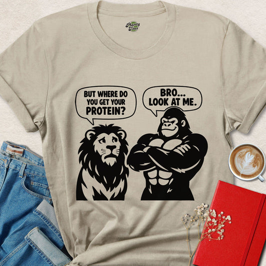 Where Do You Get Protein Gorilla vs Lion Funny Vegan Shirt