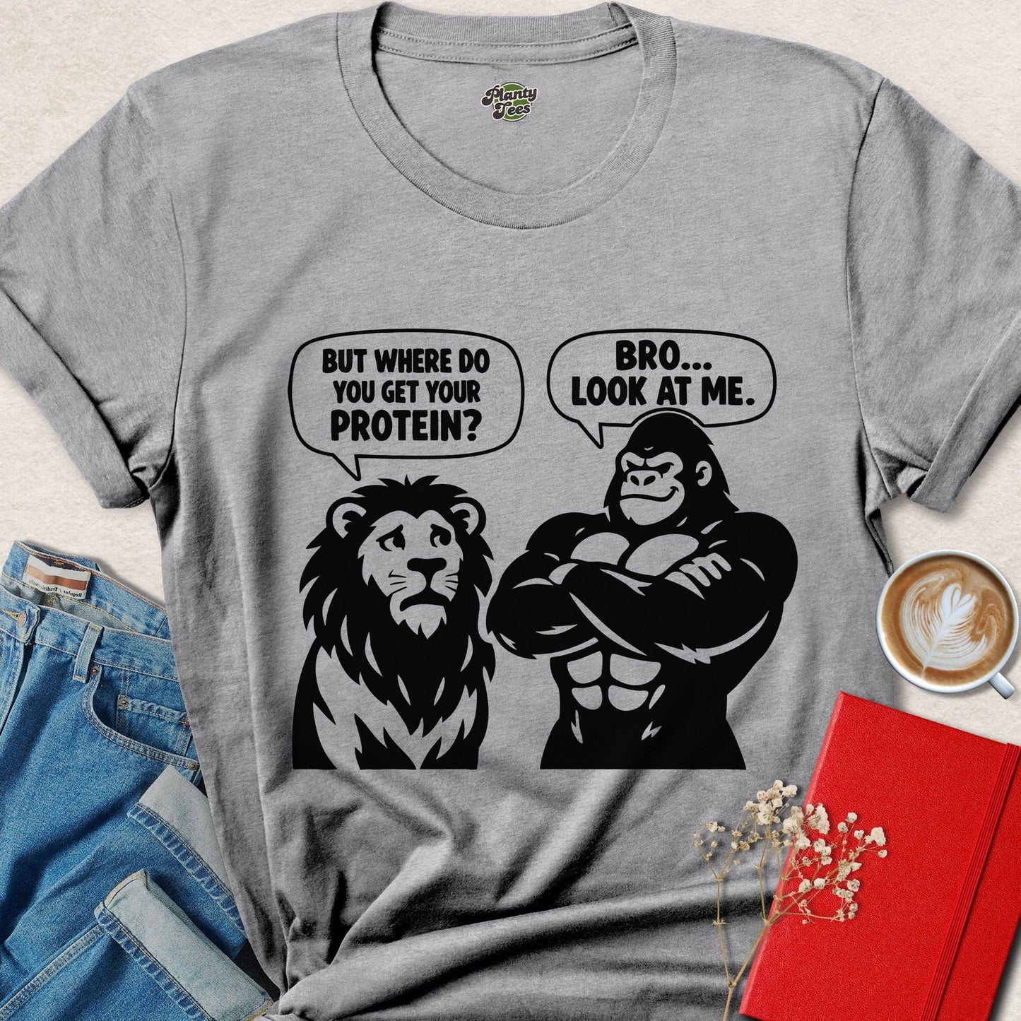 Where Do You Get Protein Gorilla vs Lion Funny Vegan Shirt