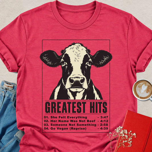 Heather red cow portrait graphic t-shirt with Greatest Hits front print