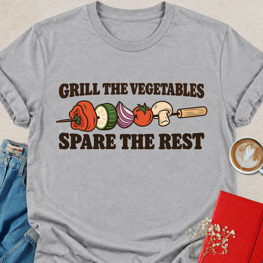 Light gray t-shirt with vegan veggie grilling slogan graphic on front