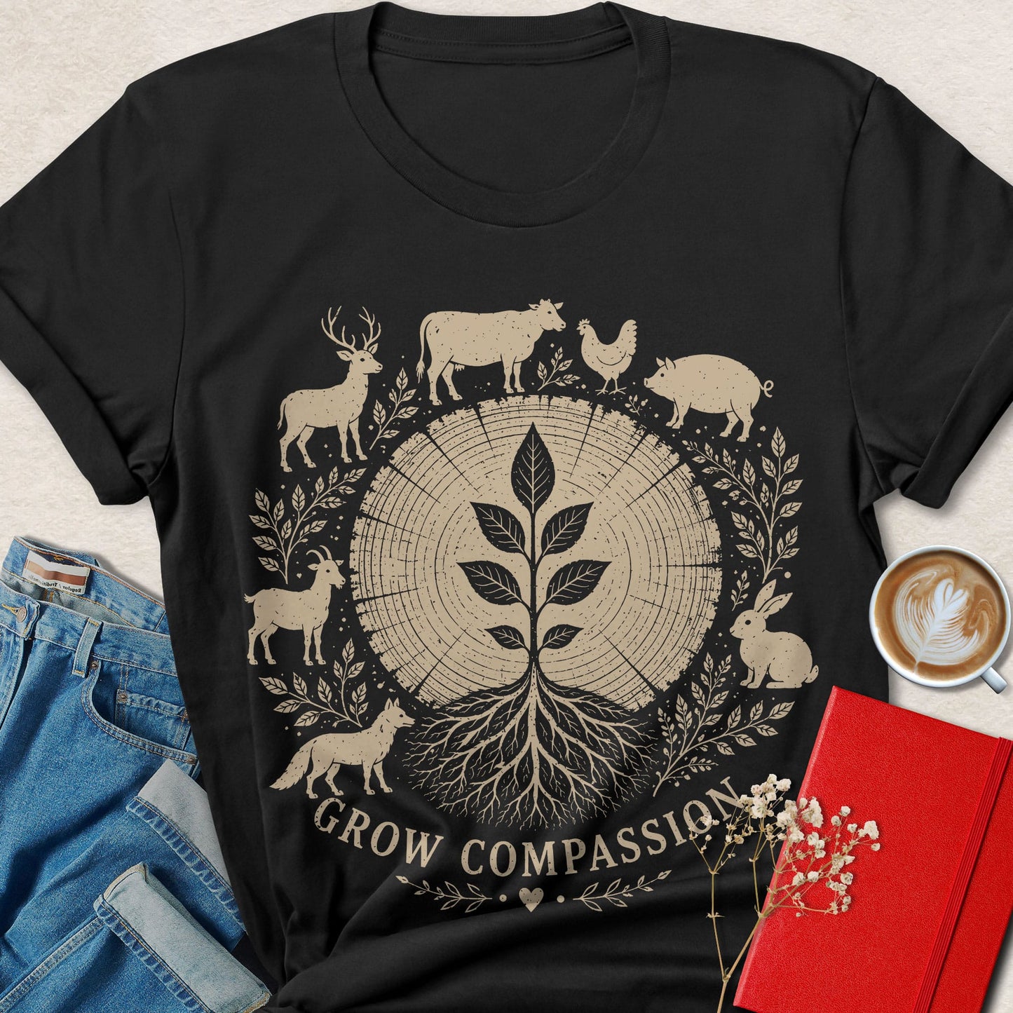Grow Compassion Vegan Shirt Animal Rights Plant Based Tee