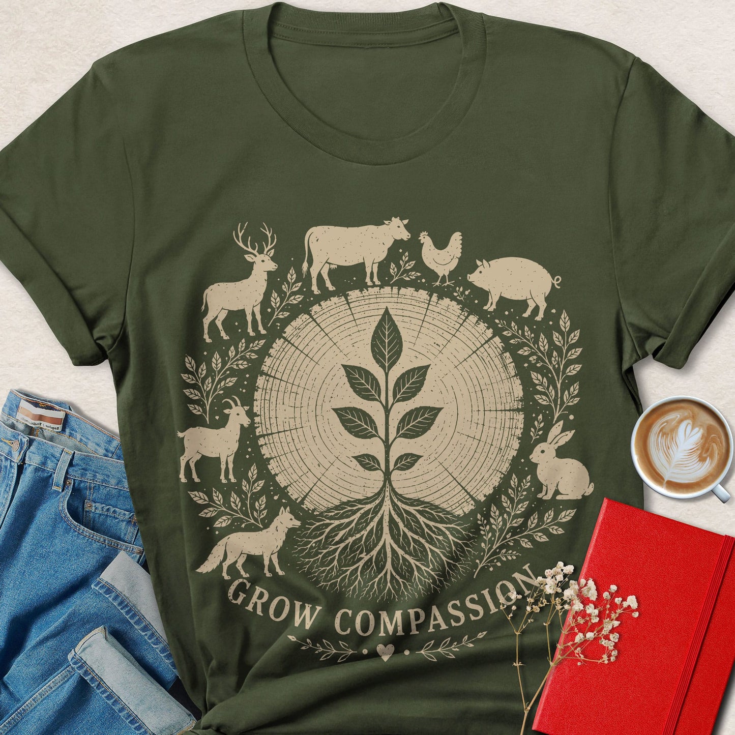 Grow Compassion Vegan Shirt Animal Rights Plant Based Tee