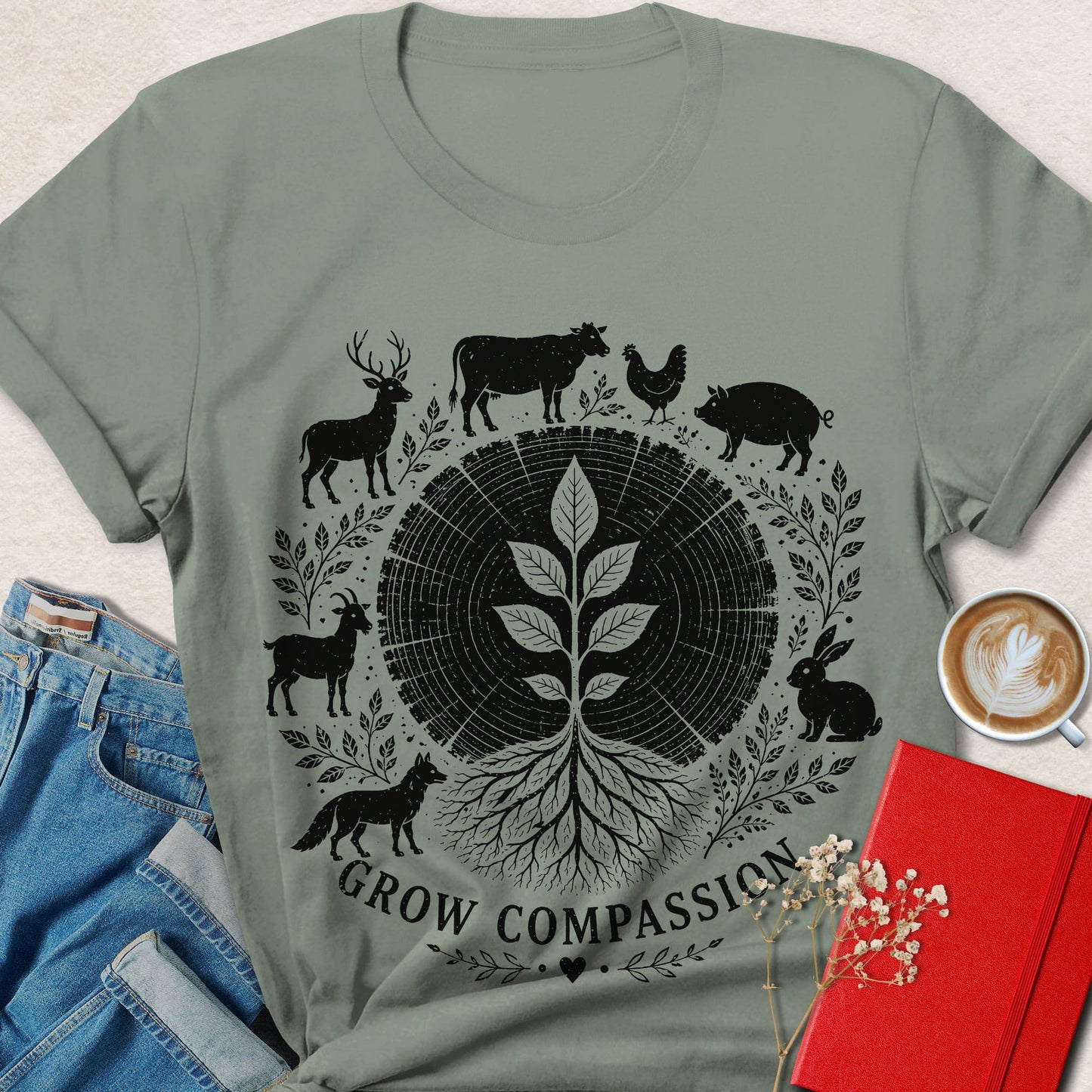 Grow Compassion Vegan Shirt Animal Rights Plant Based Tee