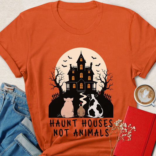 Orange Halloween T-shirt with haunted house graphic and slogan