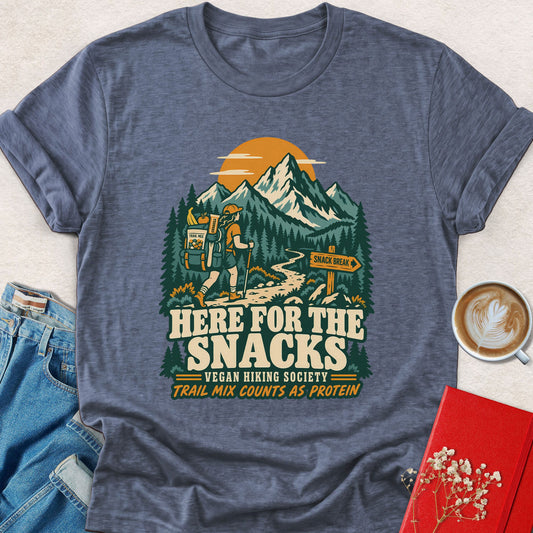 Heather slate blue hiking t-shirt with front graphic and crew neck