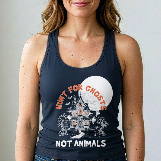 Midnight navy tank top with “Hunt for Ghosts, Not Animals” graphic and crew neckline