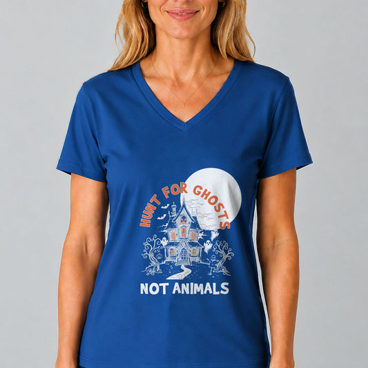 Royal blue v-neck t-shirt with front graphic reading "Hunt for ghosts not animals".