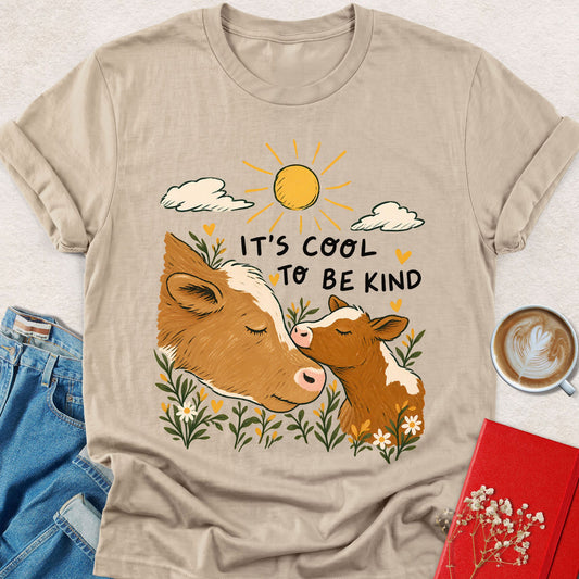 Sand T-shirt with bear face and "It's cool to be kind" graphic