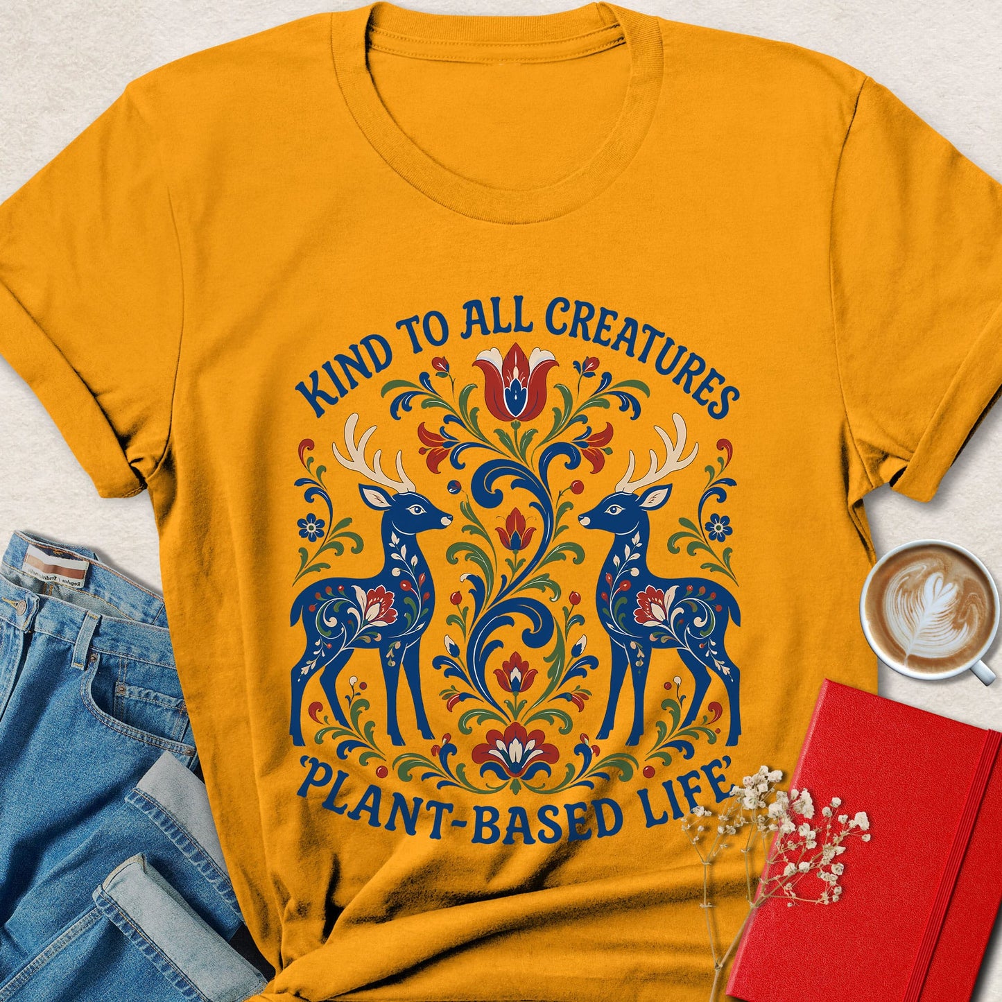 Kind to All Creatures Folk Art Plant-Based T-shirt