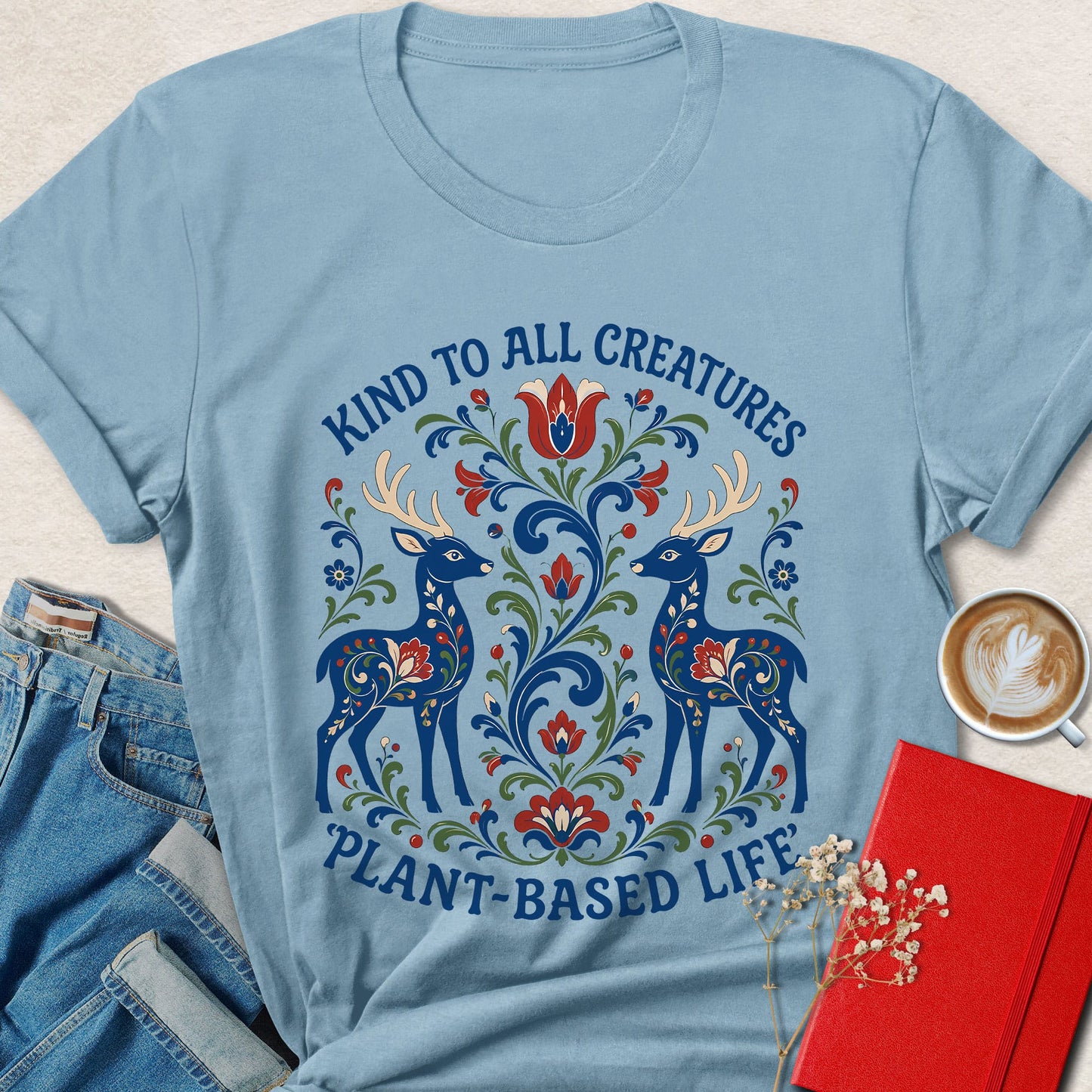 Kind to All Creatures Folk Art Plant-Based T-shirt