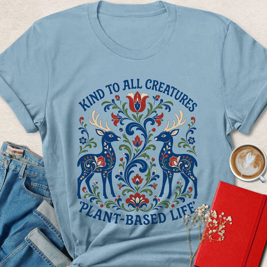 Kind to All Creatures Folk Art Plant-Based T-shirt
