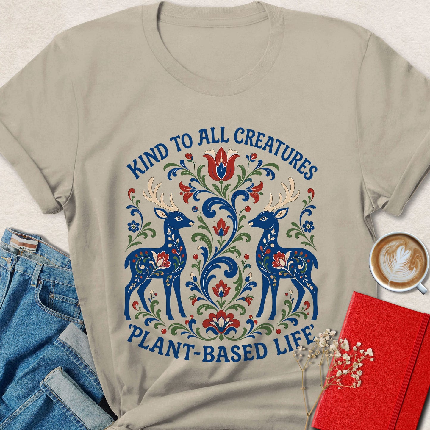 Kind to All Creatures Folk Art Plant-Based T-shirt