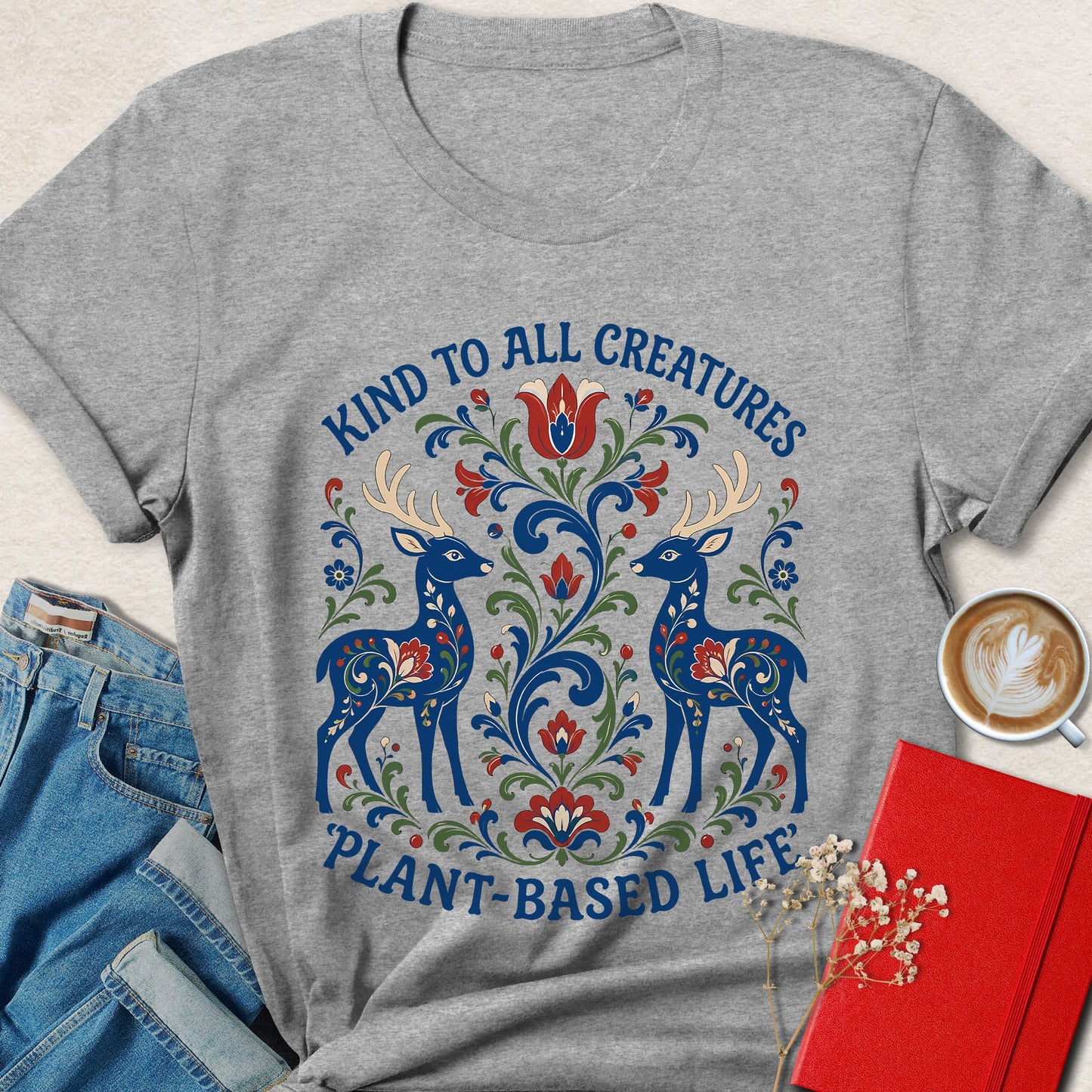 Kind to All Creatures Folk Art Plant-Based T-shirt