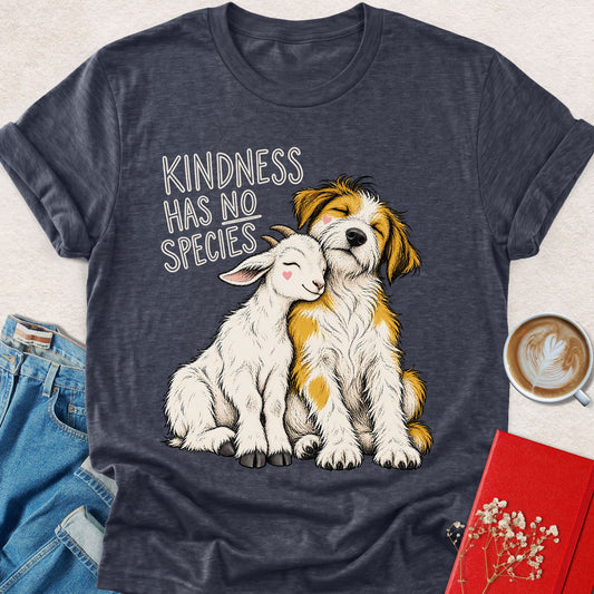 Dark navy graphic T-shirt with dog and lamb illustration and slogan text on front