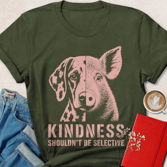 Military green T-shirt with pink dog face graphic and kindness slogan print