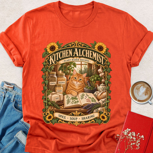 Citrus orange crew-neck t-shirt with cat illustration and Kitchen Alchemist front graphic