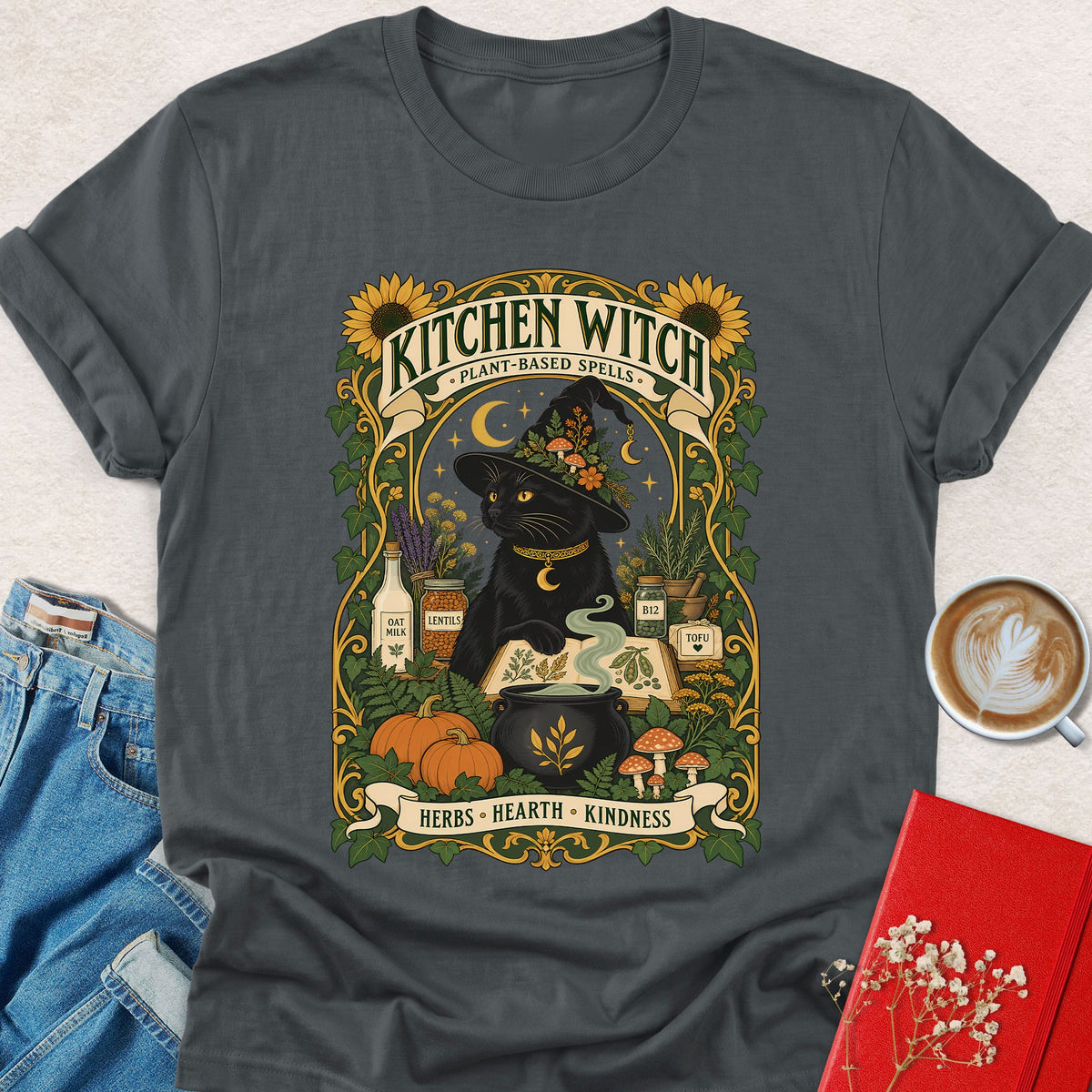 Charcoal Kitchen Witch Halloween T-shirt with front witch-cat illustration