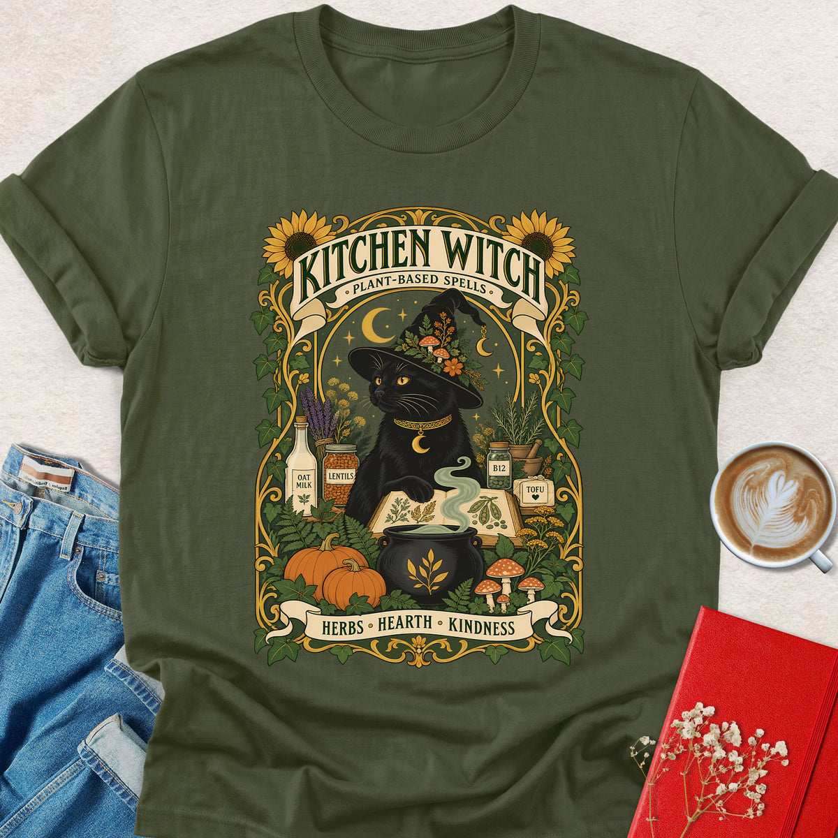 Military green Kitchen Witch Halloween T-shirt with witch-cat front illustration