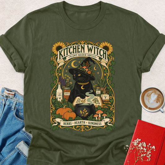 Military green Kitchen Witch Halloween T-shirt with witch-cat front illustration