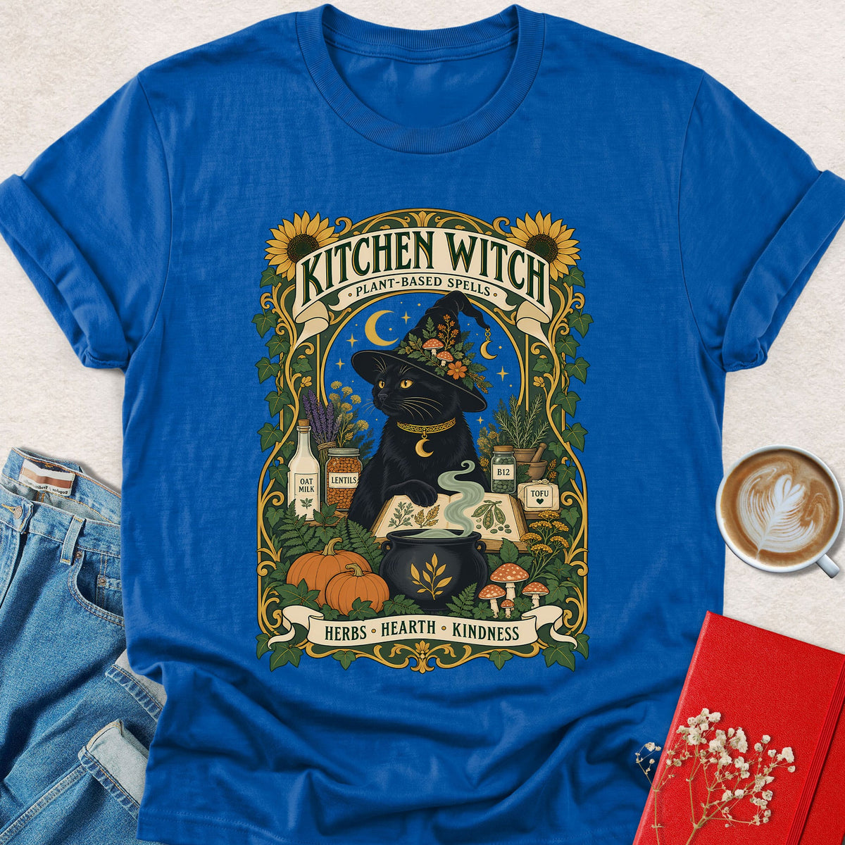 Royal blue Kitchen Witch Halloween T-shirt with witch-cat front graphic