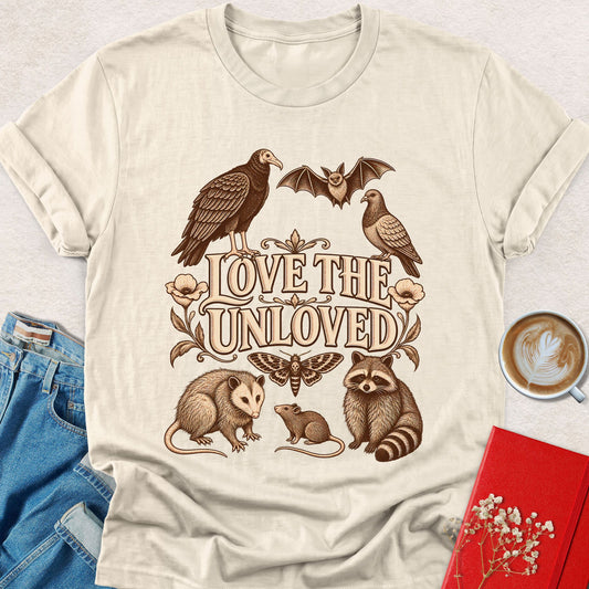 Natural/off-white crewneck t-shirt with animal artwork and 'Love the Unloved' front graphic