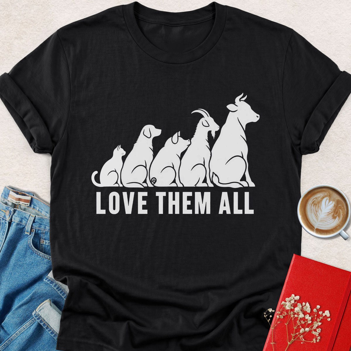 Black vegan t-shirt with cat silhouette graphic and bold front text