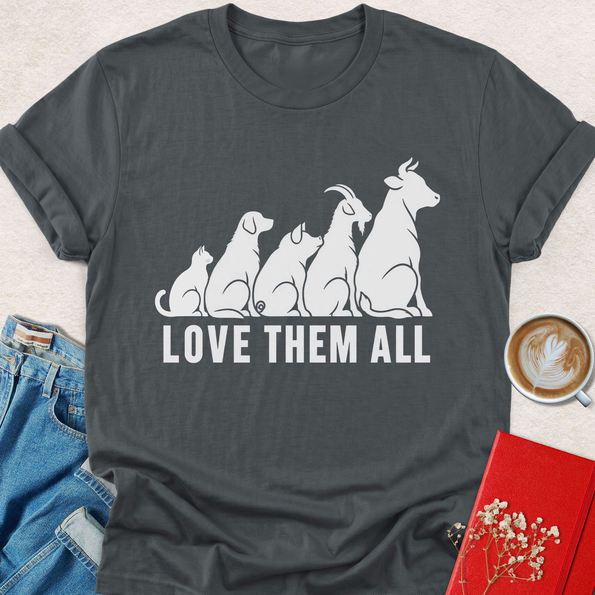 Charcoal gray vegan t-shirt with cat silhouette graphic and bold front text