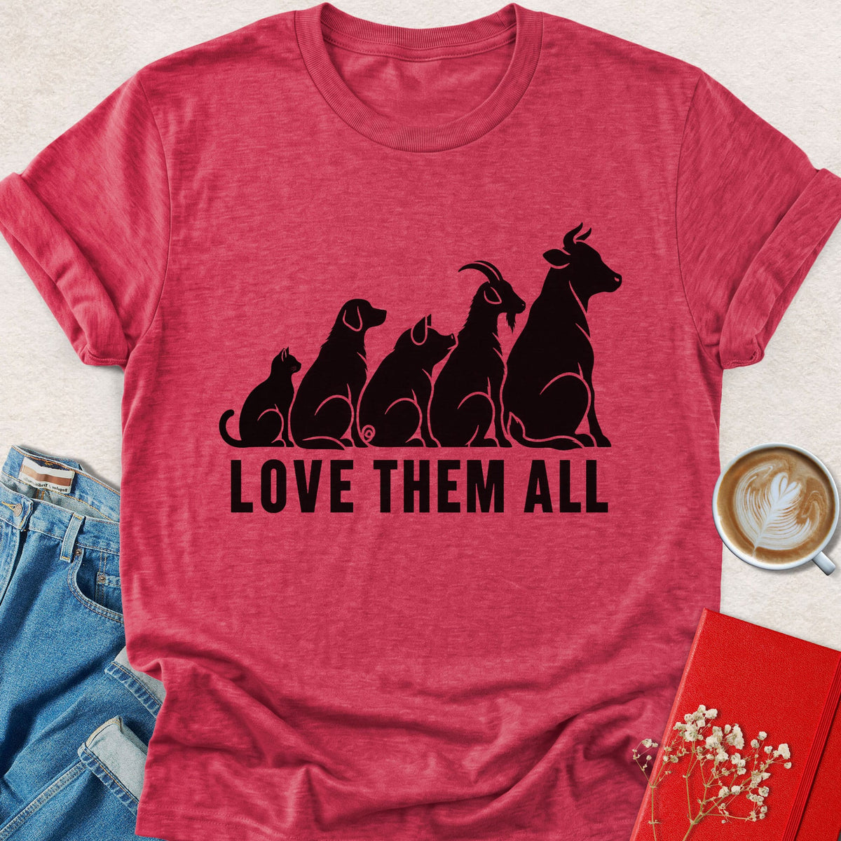 Heather red vegan t-shirt with cat silhouette graphic and bold front text