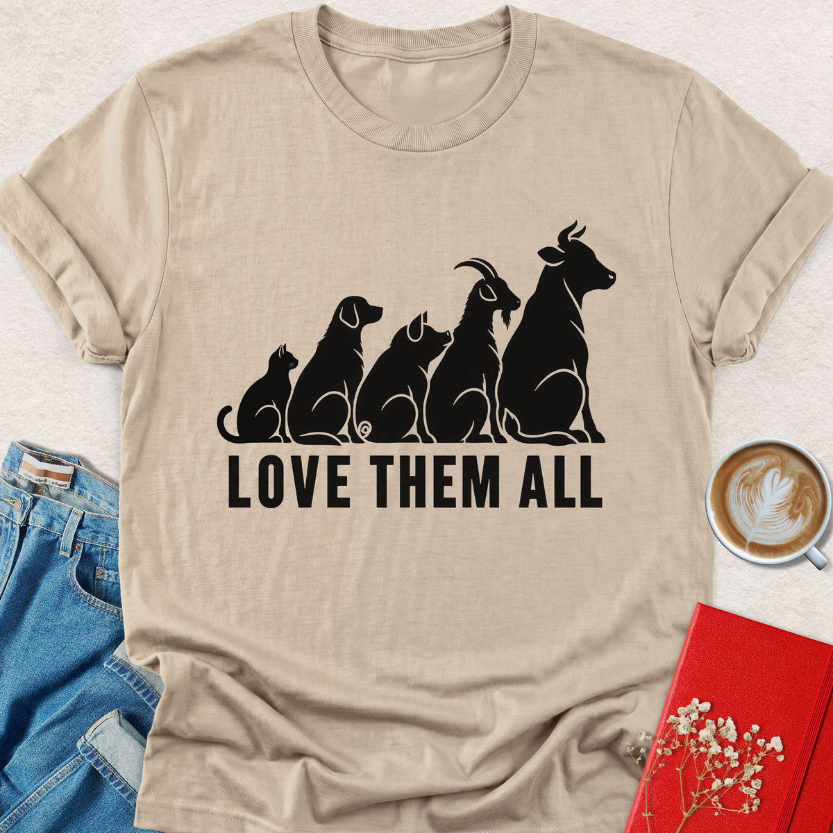 Beige vegan t-shirt with cat silhouette graphic and bold front text