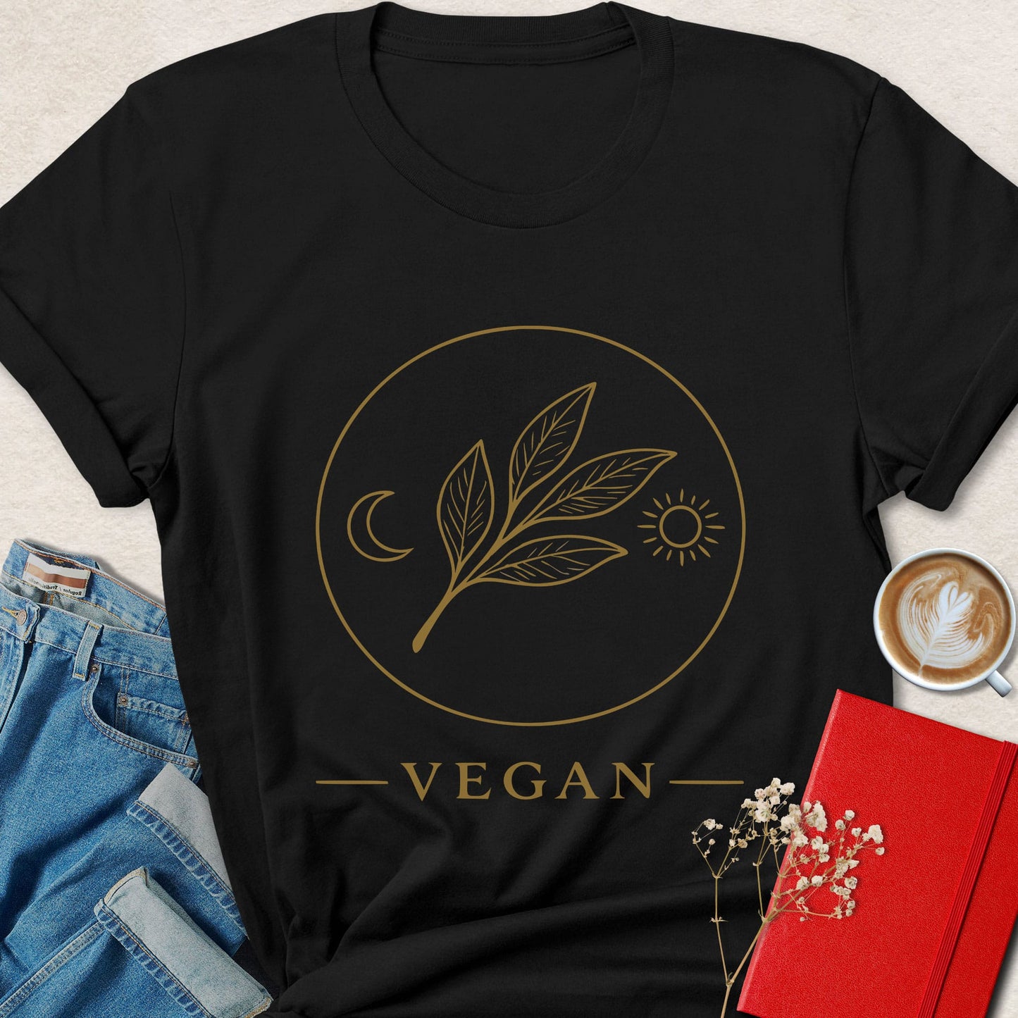 Vegan Gold Leaf Minimal Botanical Moon & Sun T-Shirt