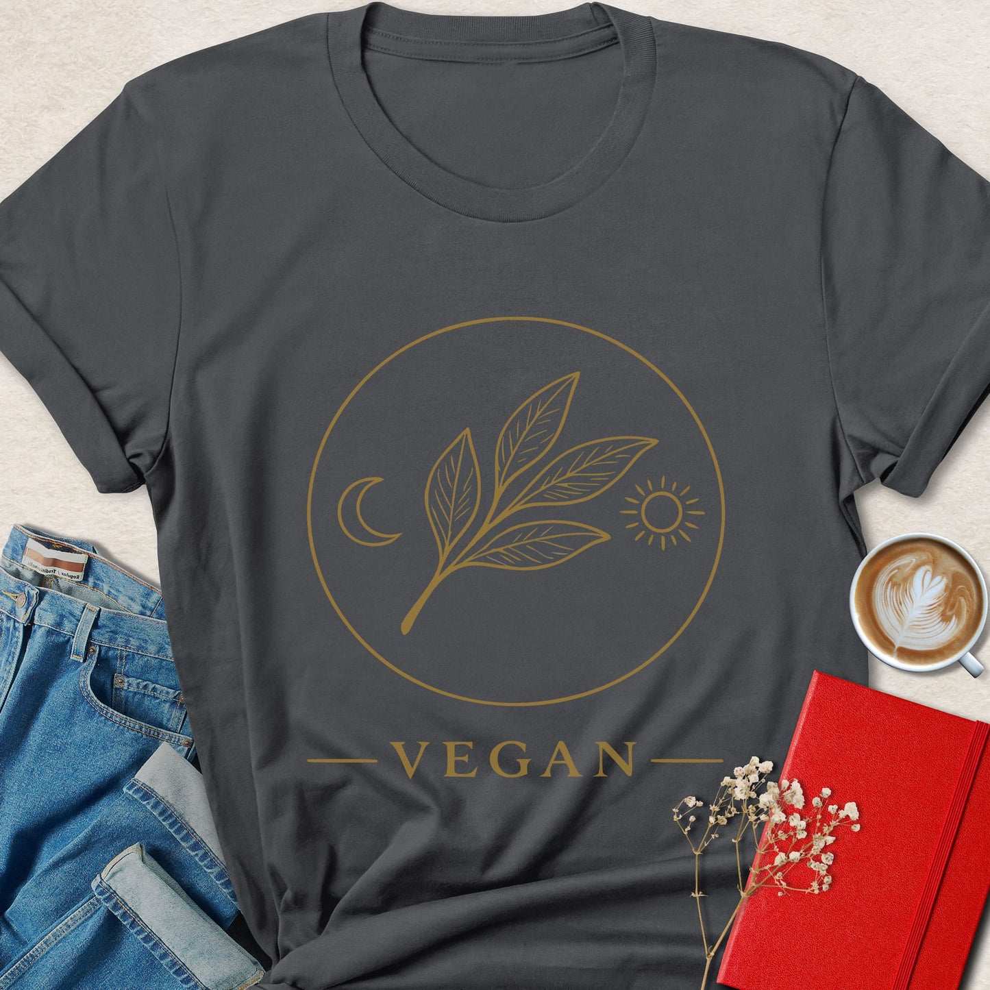 Vegan Gold Leaf Minimal Botanical Moon & Sun T-Shirt