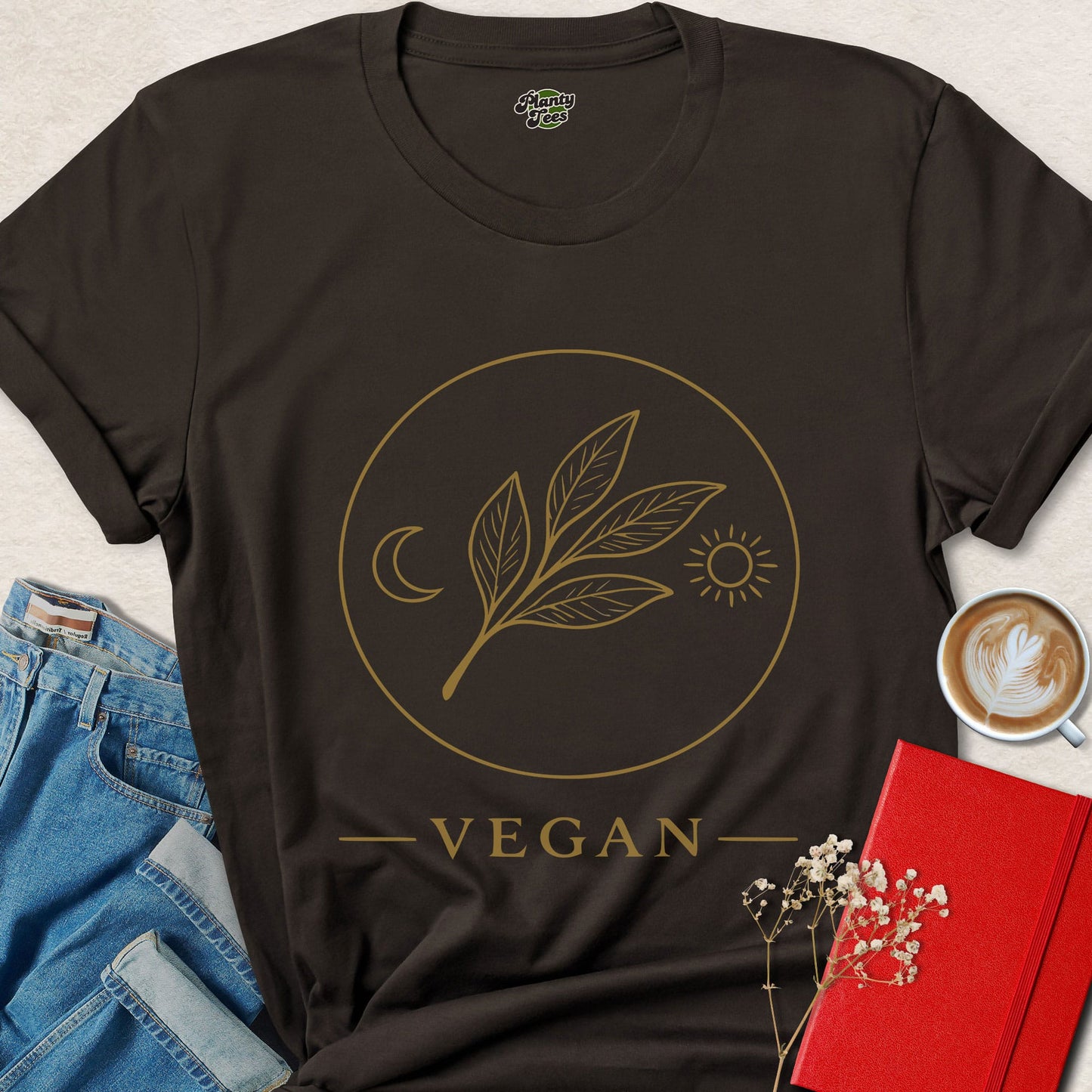 Vegan Gold Leaf Minimal Botanical Moon & Sun T-Shirt