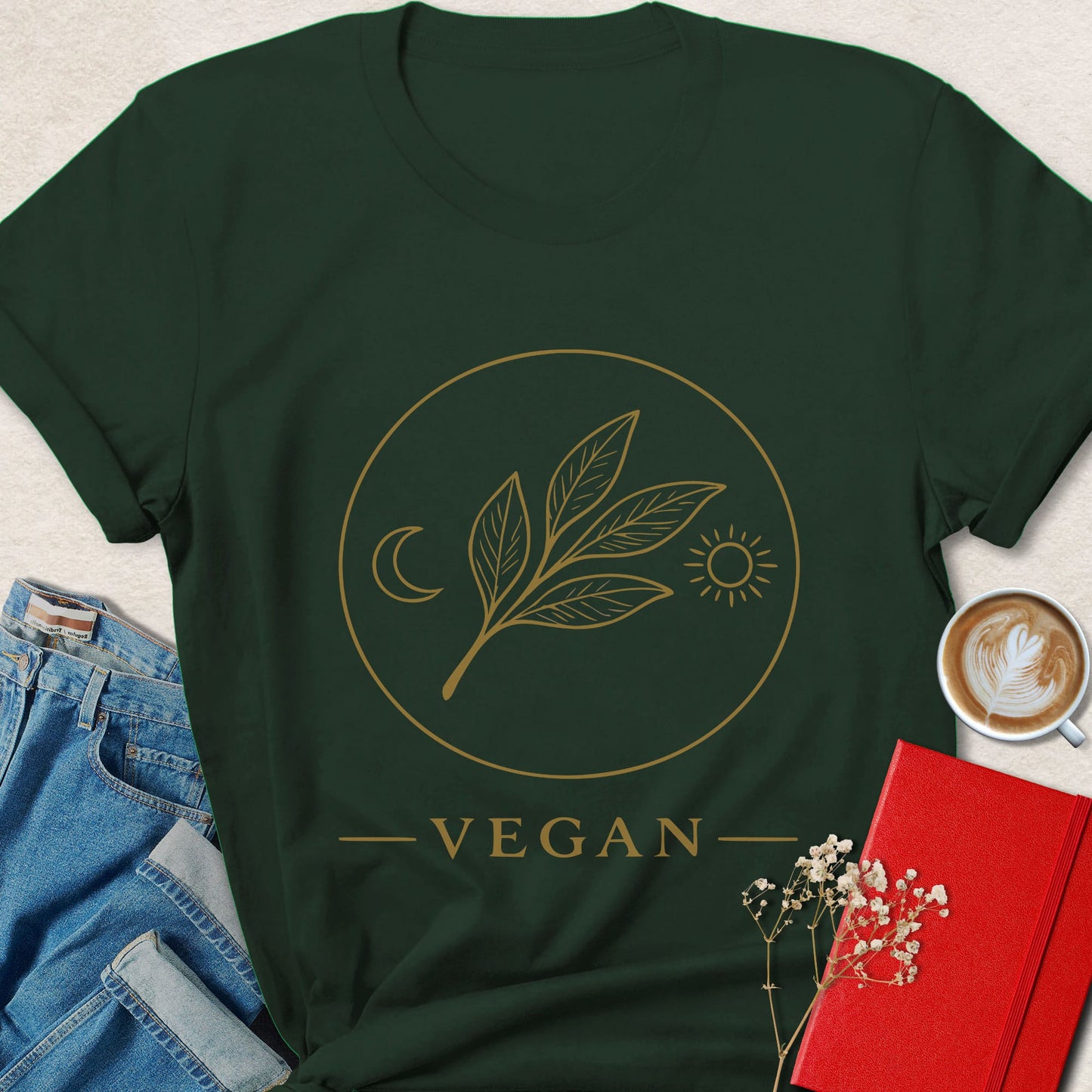 Vegan Gold Leaf Minimal Botanical Moon & Sun T-Shirt