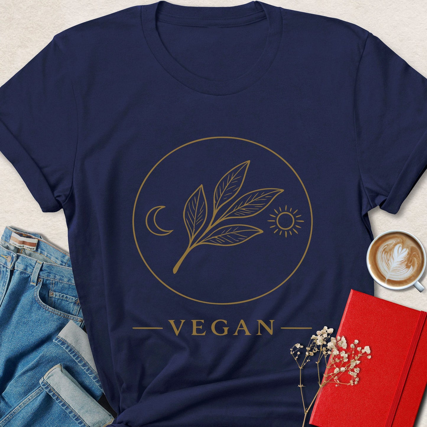 Vegan Gold Leaf Minimal Botanical Moon & Sun T-Shirt