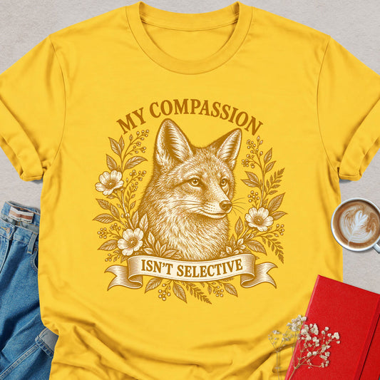 Yellow T-shirt with fox compassion graphic and floral wreath front print