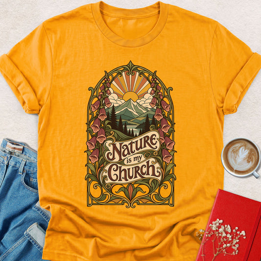 Gold Nature illustration T-shirt with ornate garden arch and 'Nature is my Church' print